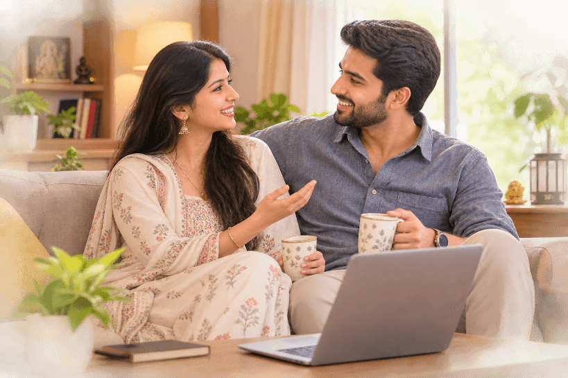 A couple sharing a warm conversation at home while exploring their matchmaking journey together